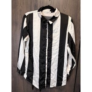 JON & ANNA Contemporary Black White Stripe Button Up Blouse Size L *STAIN